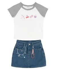 Tween Diva Girls' 7-16 Graphic Raglan T-Shirt and Embroidered Denim Skort, 2-Piece Set