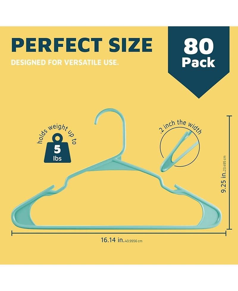 Lifemaster Heavy-duty aqua plastic hangers with non-slip shoulder grooves space-saving design holds up to 5 Pounds. Pack of 80 for organizing clothes