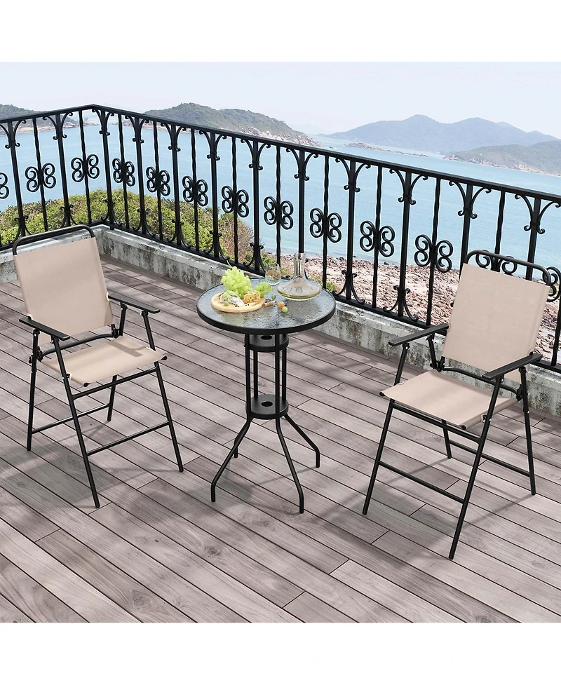 Costwayv 3PCS Patio Bistro Set Folding Chairs Round Bar Table with 1.6'' Umbrella Hole Yard