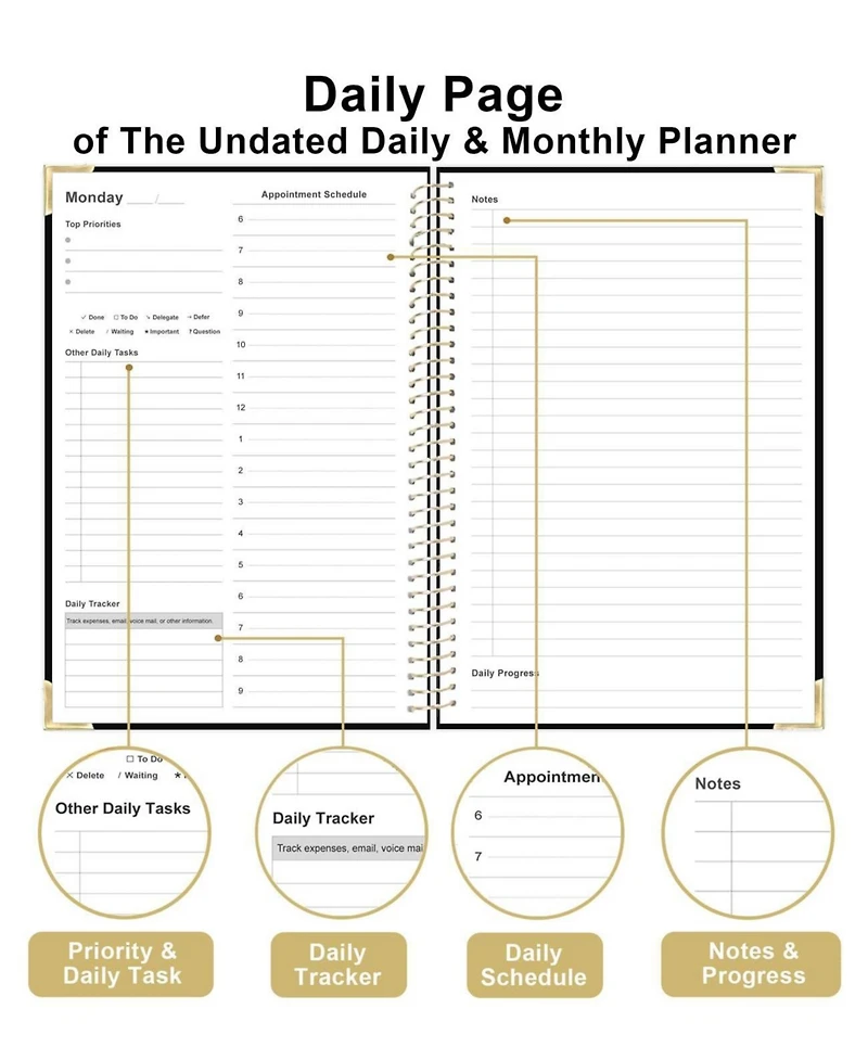 Gnuadz Undated Daily Monthly Planner Spiral Bound Hardcover