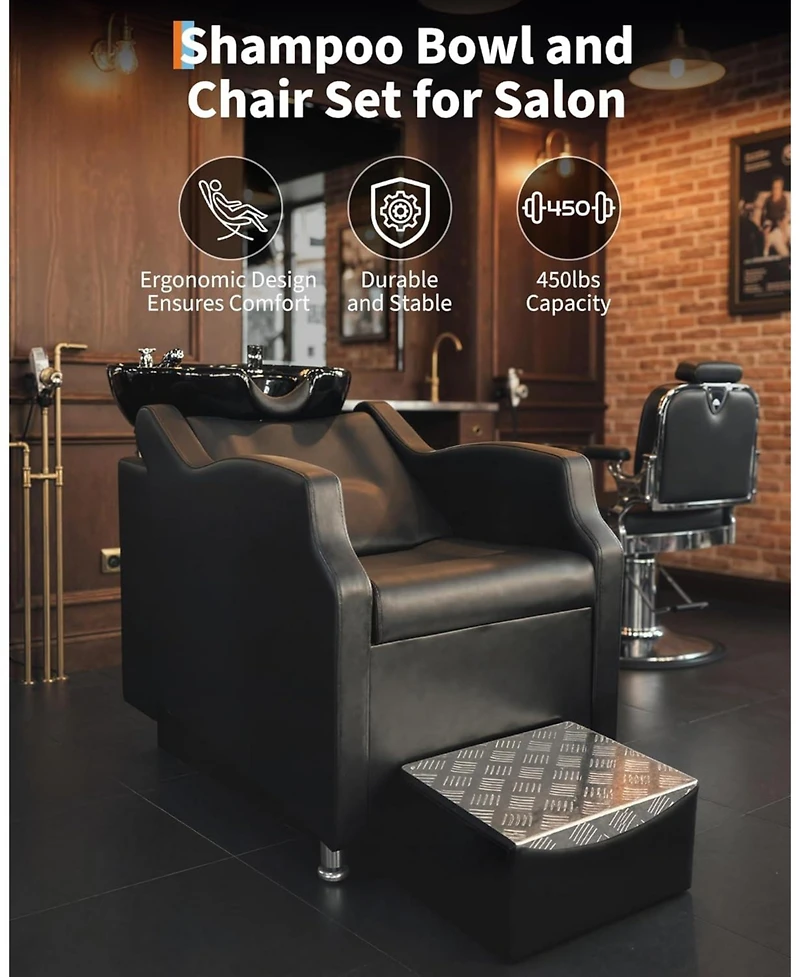 gaomon Shampoo Bowl and Chair Set, Hair Wash Station with Abs Shampoo Bowl Sink and Footrest, Load Weight 450 Lbs for Hair Stylist Barbershop