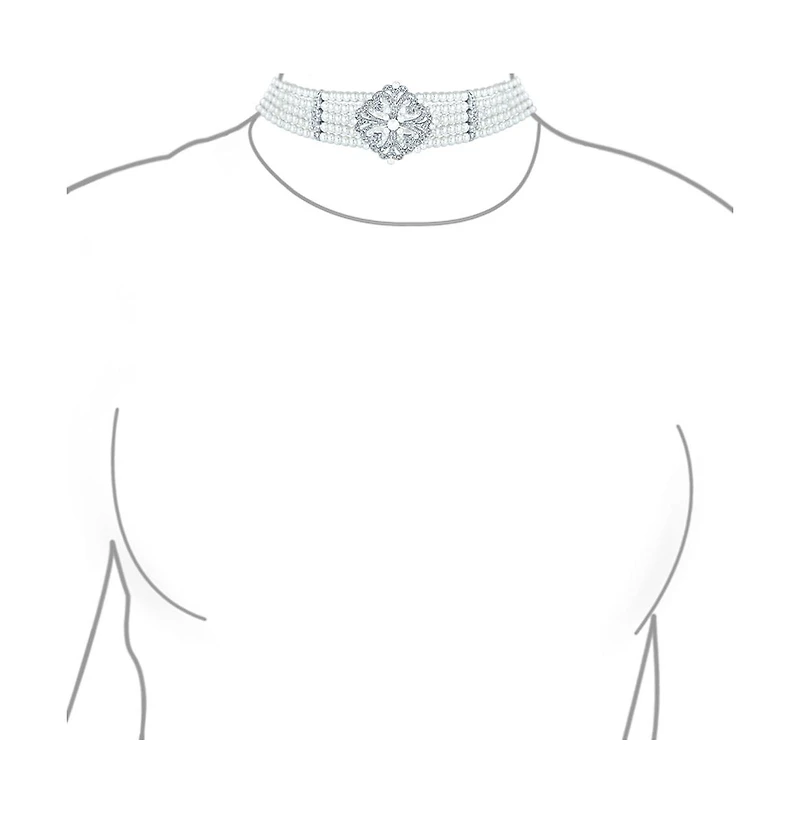 Bling Jewelry Antique Art Deco Style Statement 5 Row Wide Comfort Stretch Simulated Pearl Floral Silver Plated Brass