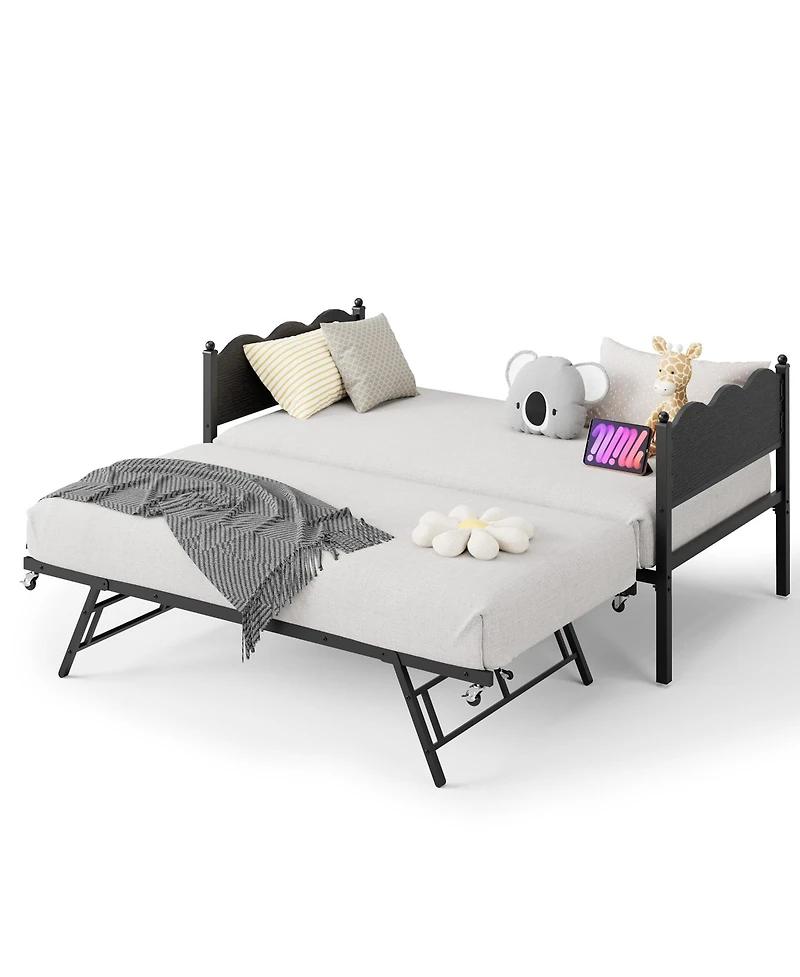 homfan Metal Daybed with Trundle, Wavy Wood-Grain Headboard, Twin Sofa Bed Locking Casters and Steel Support Bars