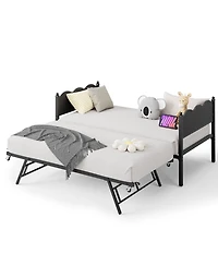 homfan Metal Daybed with Trundle, Wavy Wood-Grain Headboard, Twin Sofa Bed Locking Casters and Steel Support Bars