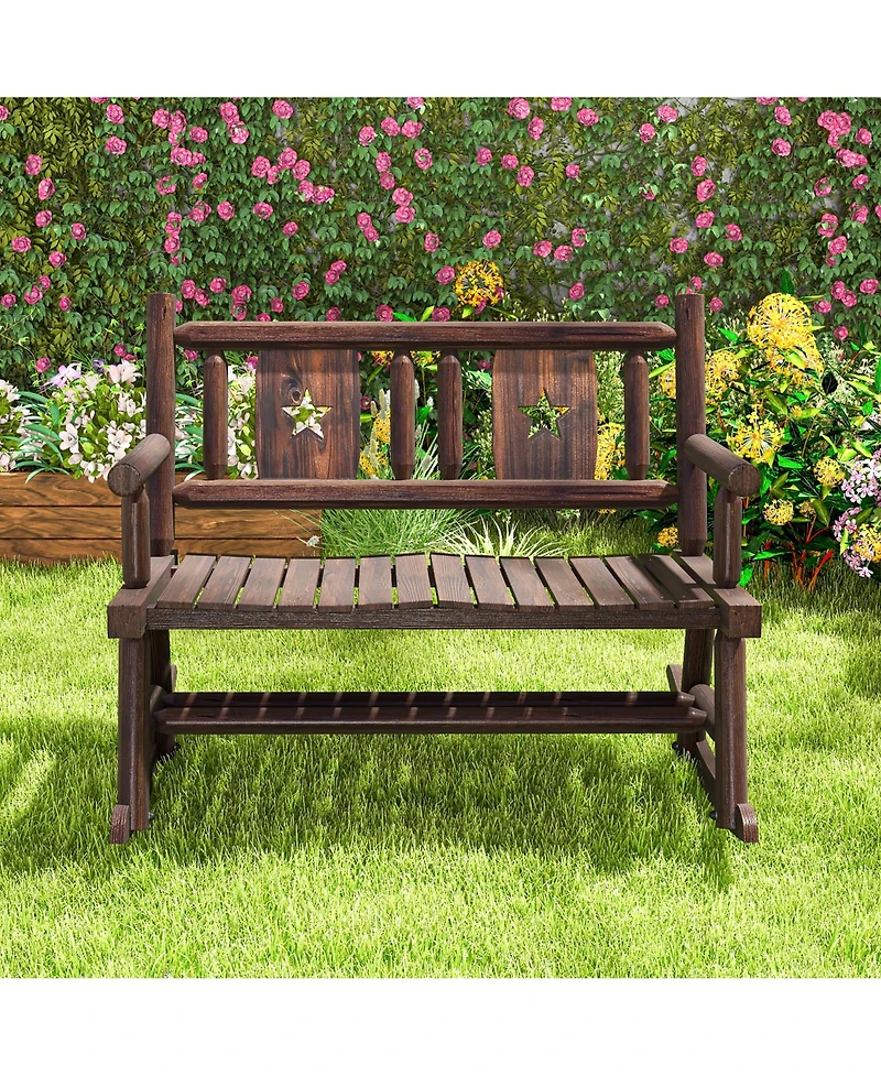 Gymax Outdoor Carbonized Wood Rocking Bench Double Rocking Chair for 2 Persons with Wide Curved Seat