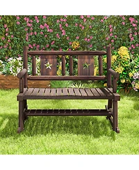 Gymax Outdoor Carbonized Wood Rocking Bench Double Rocking Chair for 2 Persons with Wide Curved Seat