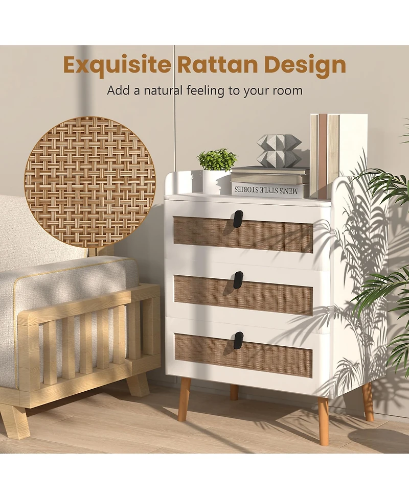 Gymax Modern Nightstand End Bedside Table with 3 Rattan Drawers and Solid Wood Legs