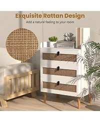 Gymax Modern Nightstand End Bedside Table with 3 Rattan Drawers and Solid Wood Legs