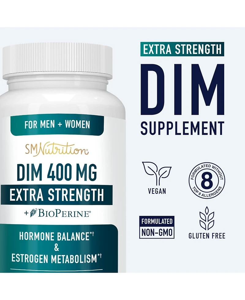 SMNutrition Dim 400 Milligrams Extra Strength Hormone and Estrogen Balance for Men and Women, Menopause and Acne Support, 90 Capsules
