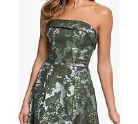 Xscape Women's Strapless Brocade Asymmetrical Hem Midi Dress