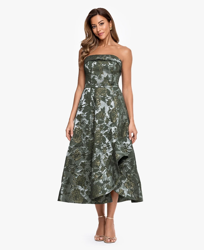 Xscape Women's Strapless Brocade Asymmetrical Hem Midi Dress