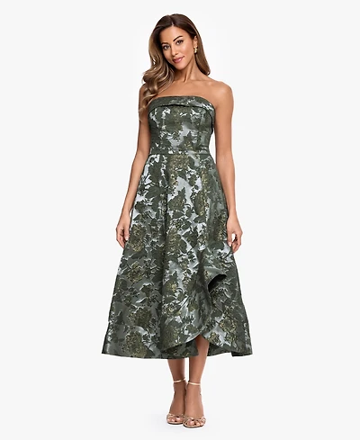 Xscape Women's Strapless Brocade Asymmetrical Hem Midi Dress