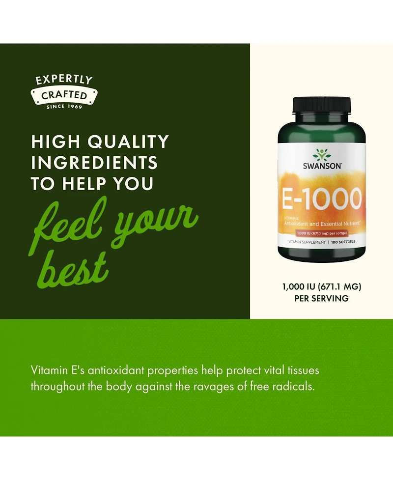 Swanson Vitamin E Natural Supplement for Cardiovascular Health Provides d Alpha Tocopherols for Antioxidant Support 100 Softgels