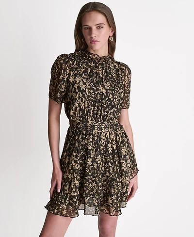 Bcbg Women's Printed Puff Short-Sleeve Mock Neck Dress
