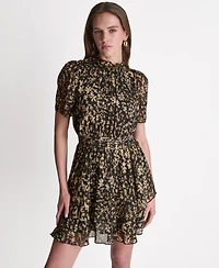 Bcbg Women's Printed Puff Short-Sleeve Mock Neck Dress