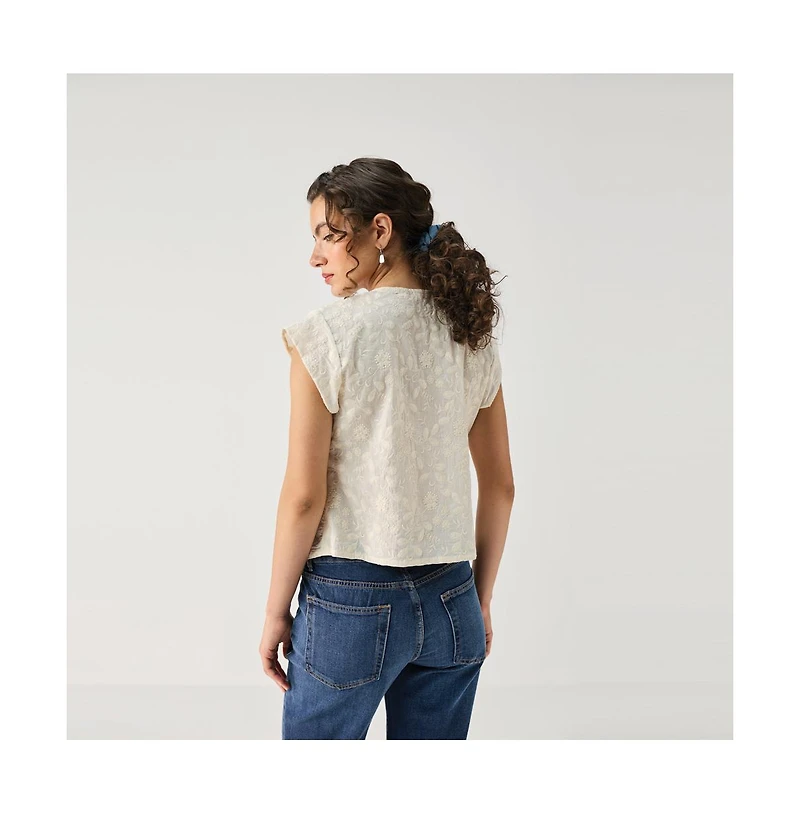 Reistor Women's Cream Embroidered Deep V-Neck Top
