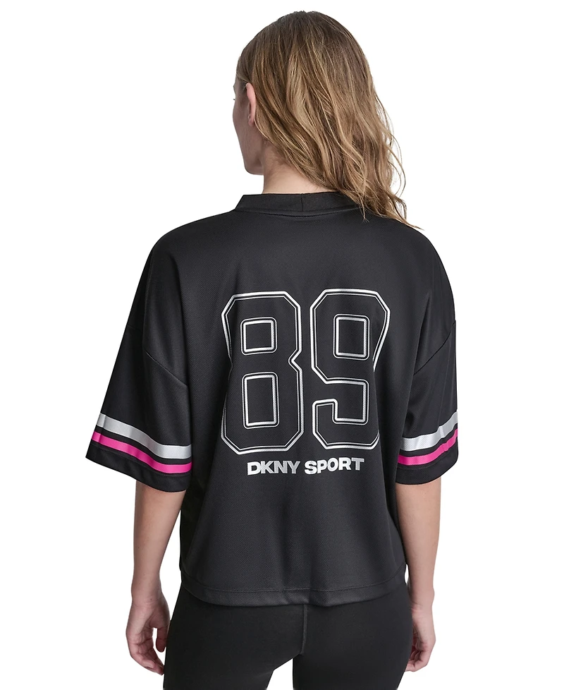 Dkny Sport Women's Varsity Rhinestone V-Neck Sports Jersey