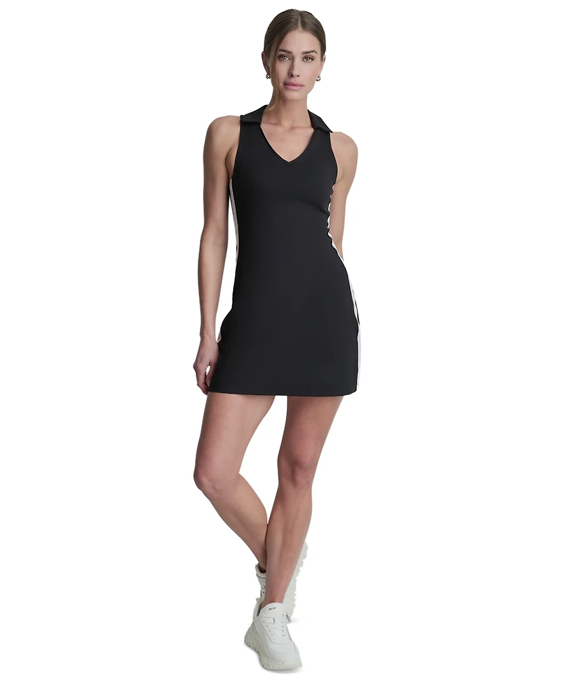 Side Stripe Polo Collar Tank Dress W/Built-in Shelf Bra
