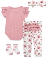 Baby Essentials Baby Girls' Short-Sleeve Bodysuit, Socks, Headband and Leggings, 4-Piece Set