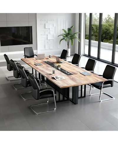 logicfox Large Conference Table with 2" Thick Top and Metal Grid Base Outlets