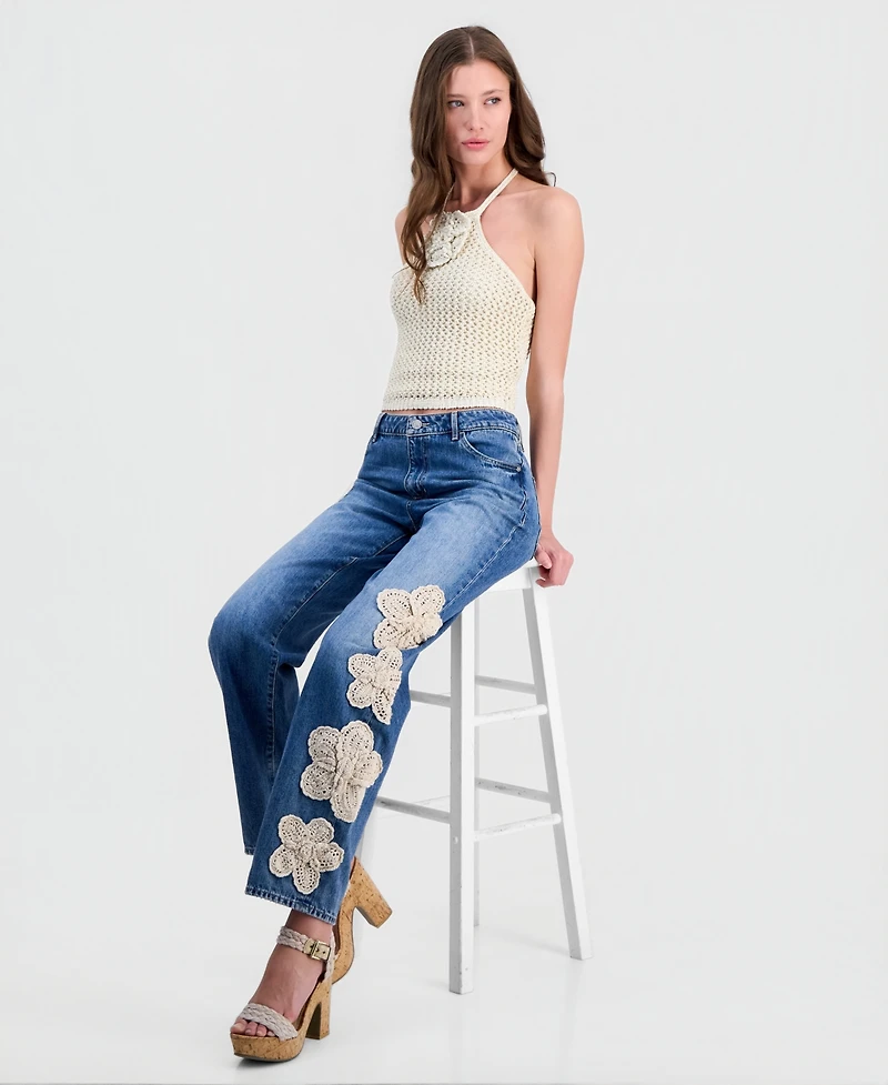 Guess Women's Alicia Flower Crochet Halter Sweater
