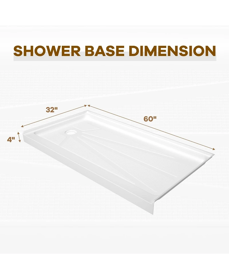 Casainc 60" W x 32" D Acrylic Single Threshold Shower Base, Alcove Pan with Slip-Resistant Surface