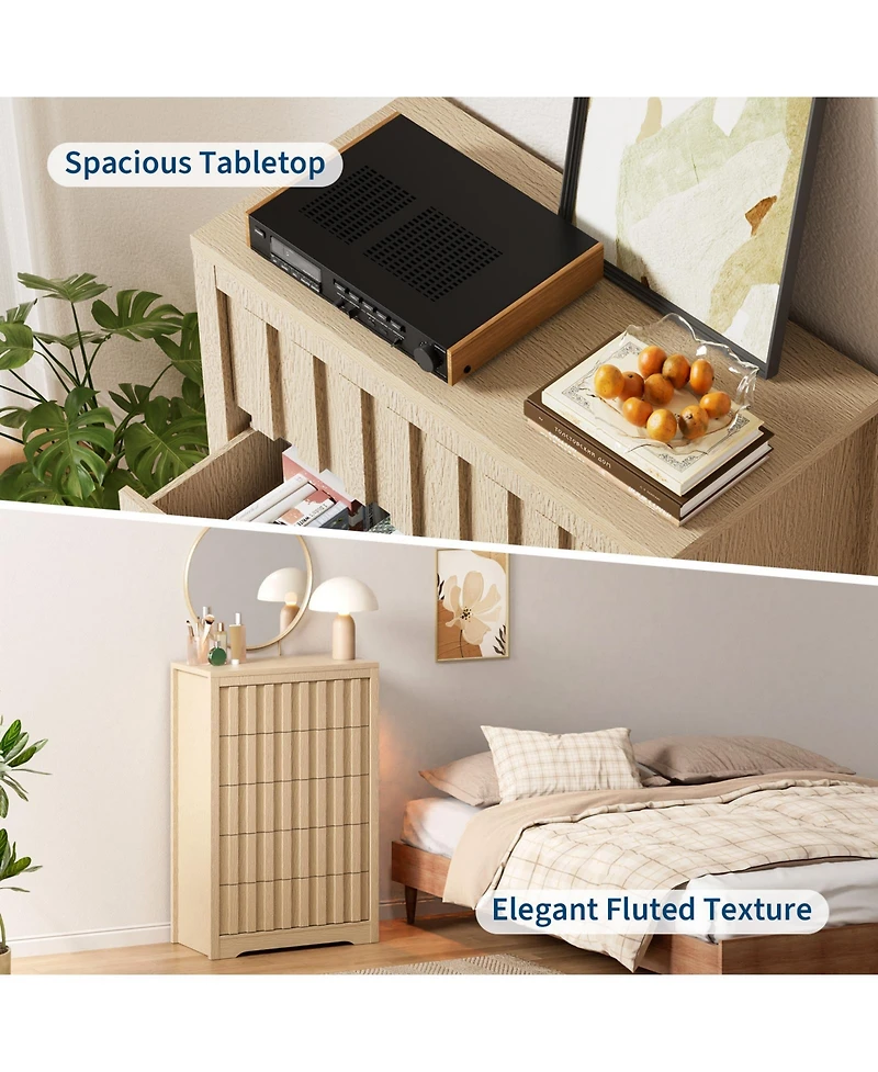 homfan Modern Handleless 5-Drawer Fluted Dresser - Tall Wooden Chest for Bedroom Storage - Deep Organizer for Living Room or Hallway