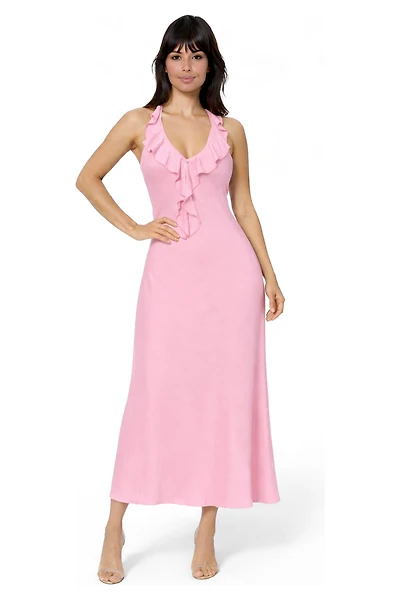 Bebe Women's Crushed Satin Ruffle Halter Maxi Dress