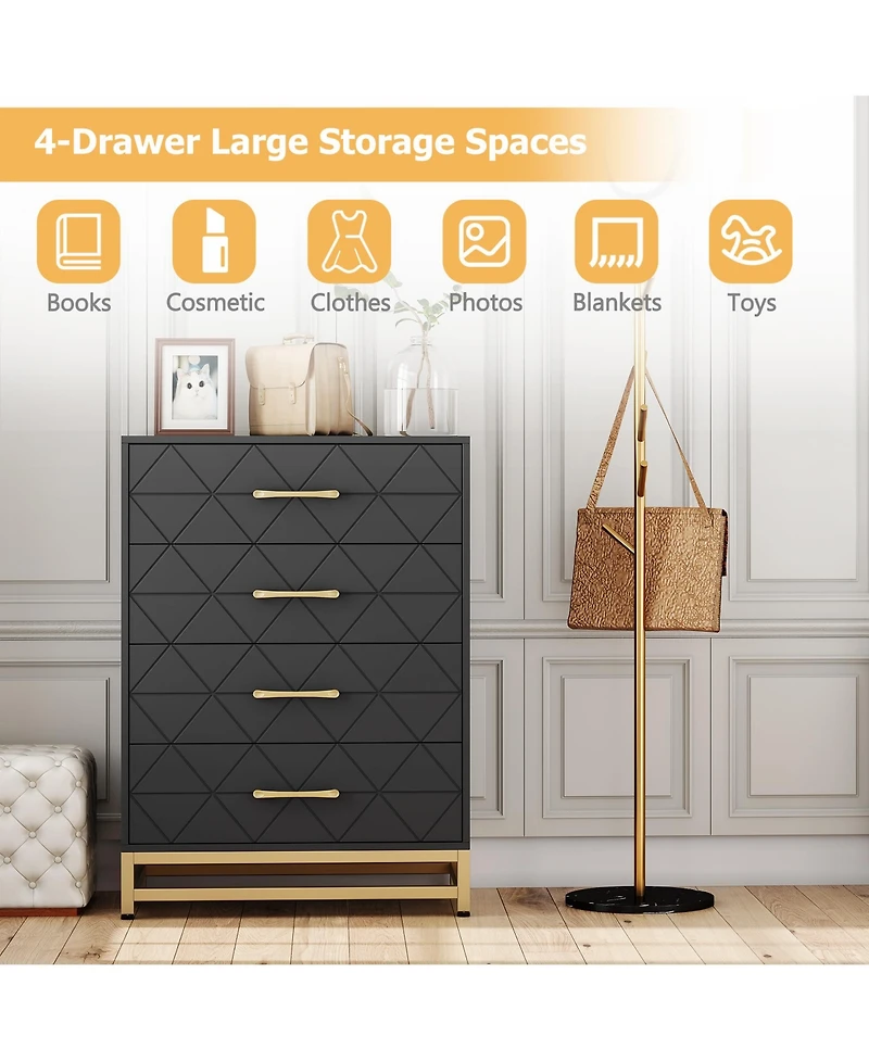 homfan Tall 4-Drawer Modern Dresser, Wood Storage Chest with Metal Accents, Multi-use Cabinet for Bedroom, Hallway and Living Room