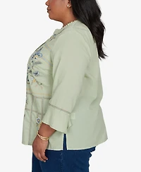 Alfred Dunner Plus Indigo Girls Floral Embroidered Squares Button Front Top