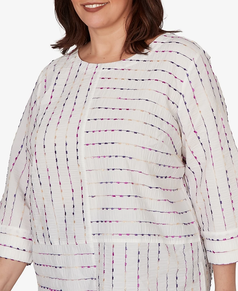 Alfred Dunner Plus Grand Bazaar White Textured Rainbow Stripe Top