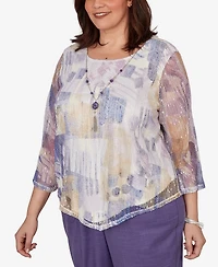 Alfred Dunner Plus Grand Bazaar Stained Glass Mesh Top with Necklace