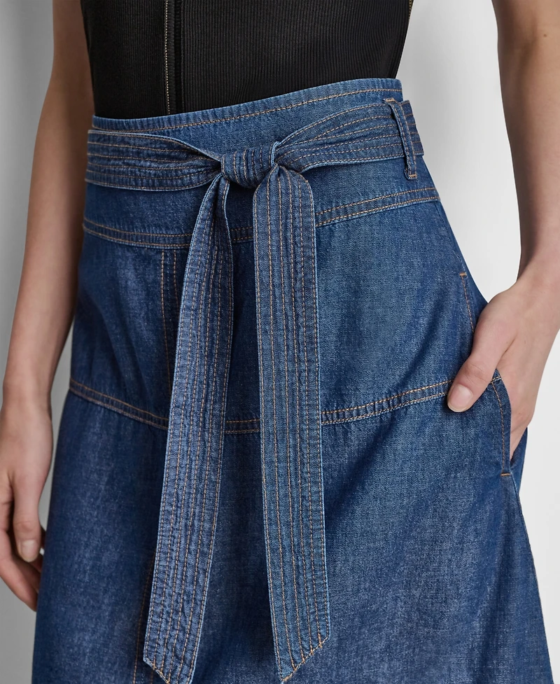 Dkny Women's Tie-Waist Contrast Stitch Cotton Midi Skirt