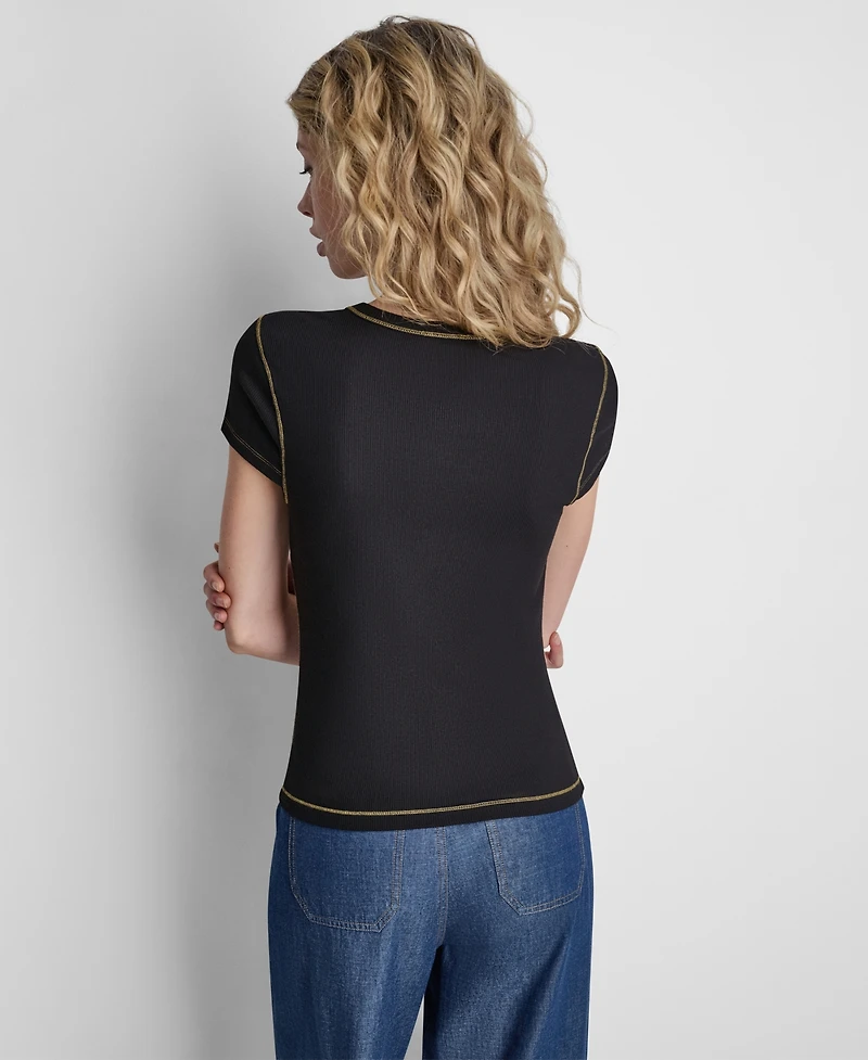 Dkny Women's Crewneck Contrast Stitch Top