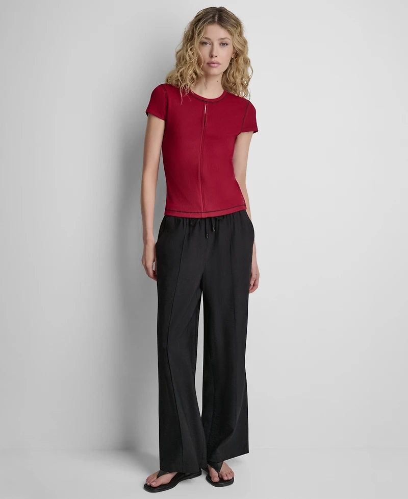 Dkny Women's Crewneck Contrast Stitch Top