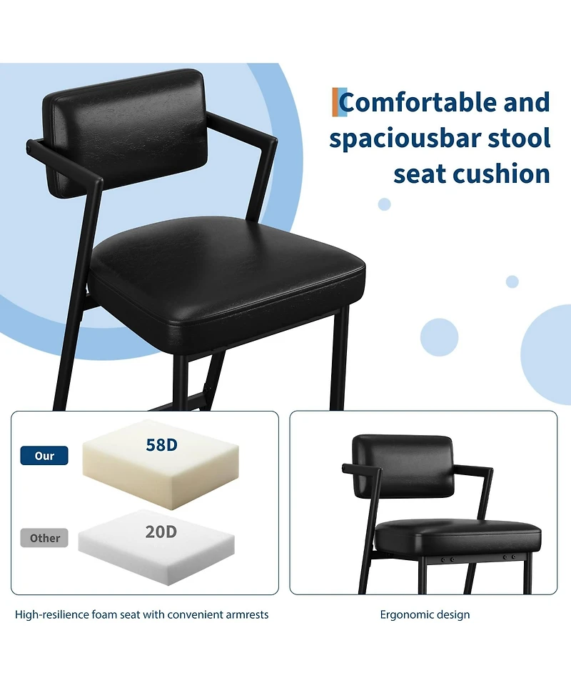 homfan 2 Pcs Modern Counter Height Bar Stools, Pu Leather Design with High Backrest, Armrests and Thick Cushion, Metal Frame for Kitchen Island