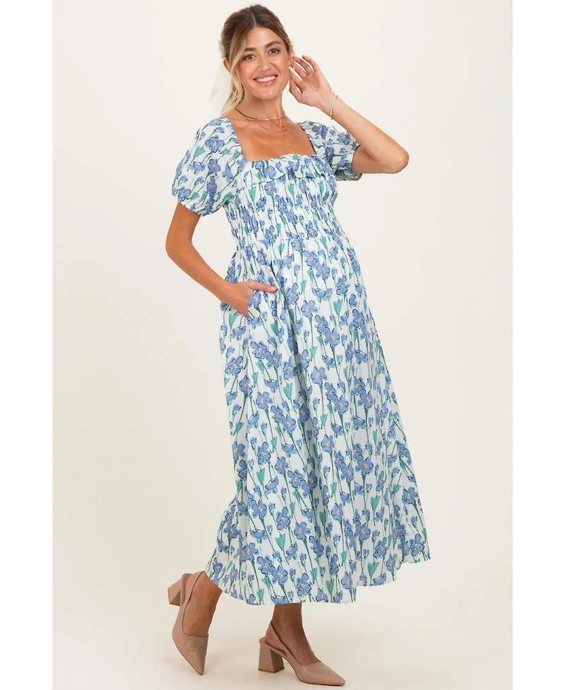 Pinkblush Maternity Blue Floral Smocked Ruffle Accent Midi Dress