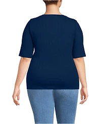 Lands' End Plus Elbow Sleeve Variegated Micro Rib Scoop Neck Henley