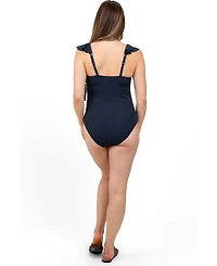 Pinkblush Maternity Navy Rib Ruffle V Neck Side Tie Knot Swimsuit
