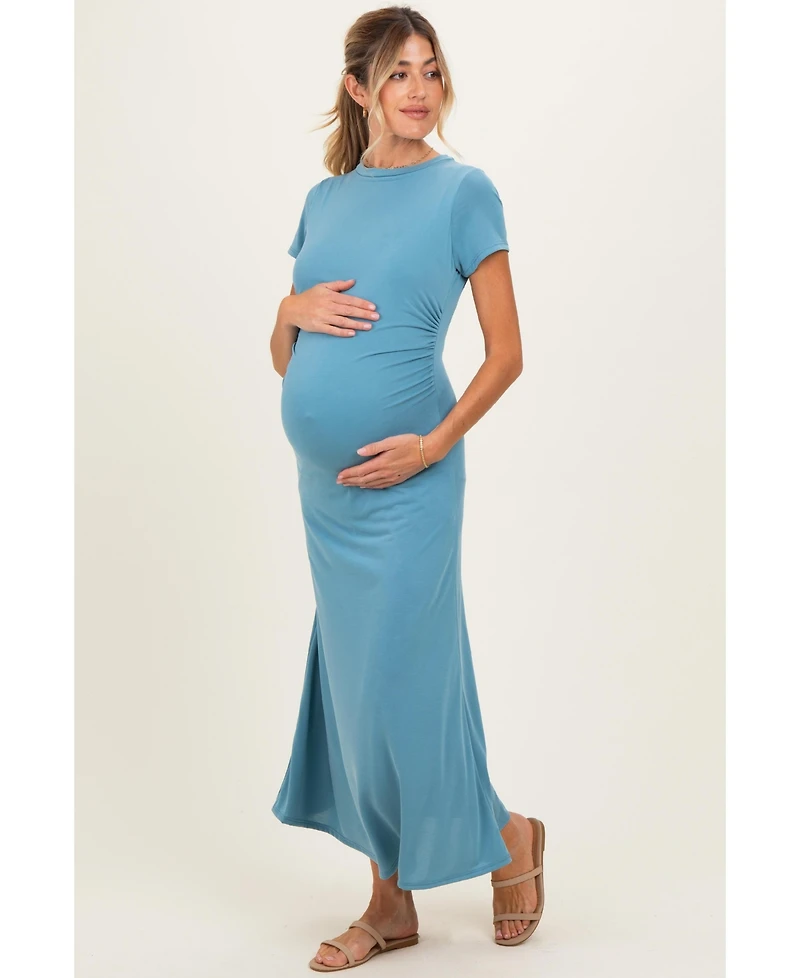 Pinkblush Maternity Blue Short Sleeve Ruched Midi Dress