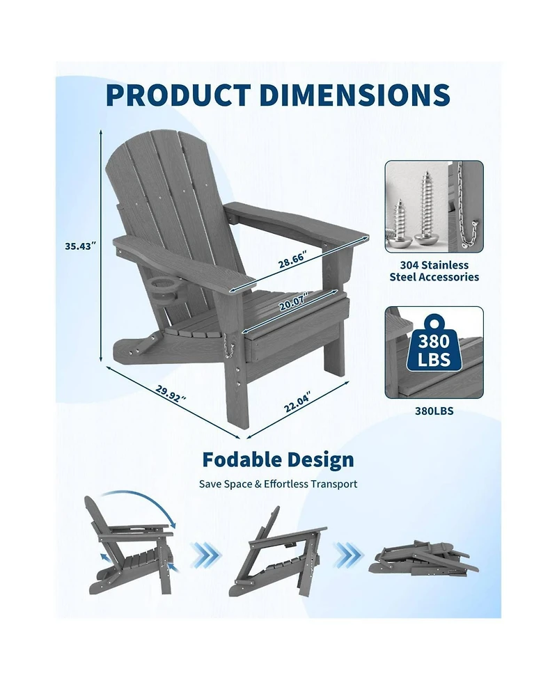 Xo 2 Piece All Weather Resistent Outdoor Patio Chair, Folding Adirondack Chair with Cup Holder