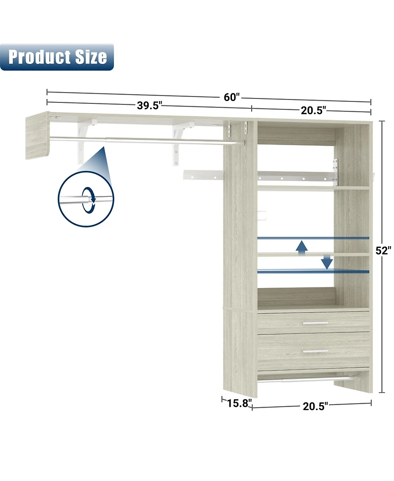 Aheaplus Closet Organizer System with Wood Drawers, Wall-mounted Laundry Room Storage Shelving