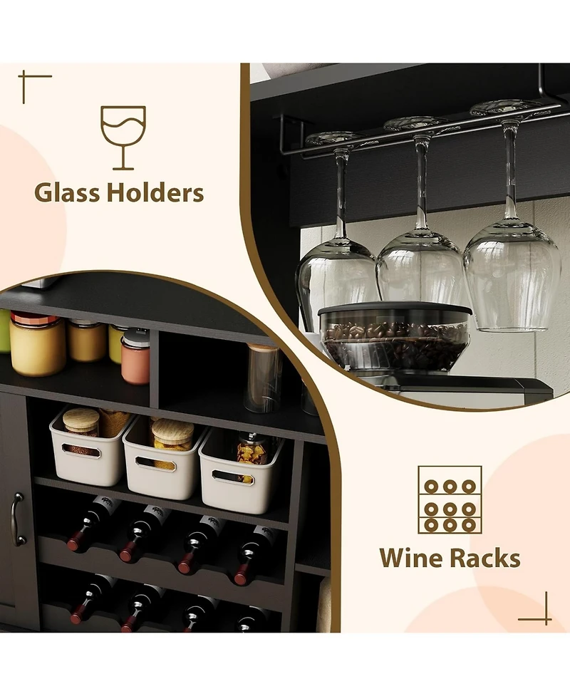gaomon 47'' Farmhouse Coffee Bar Cabinet with Charging Station & Wine Racks, Rustic Wood Buffet for Dining & Living Room