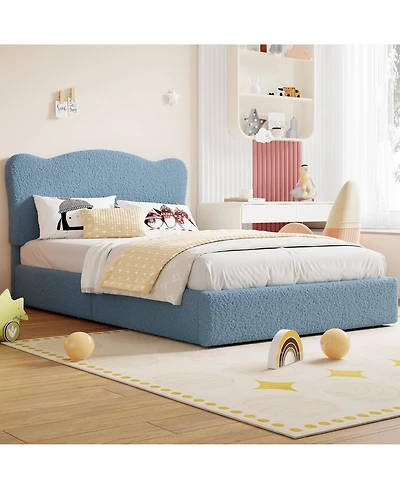 homfan Kids Upholstered Bed Frame with 2 Drawers, Twin/Full Platform Bed with Padded Headboard, Wood Slats