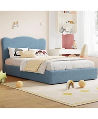 homfan Kids Upholstered Bed Frame with 2 Drawers, Twin/Full Platform Bed with Padded Headboard, Wood Slats