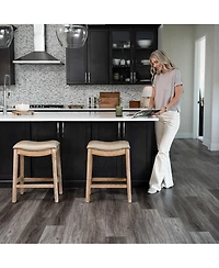 Maven Lane Adrien Saddle Counter Stool Reclaimed Oak Finish w/ Ash Grey Fabric Upholstery