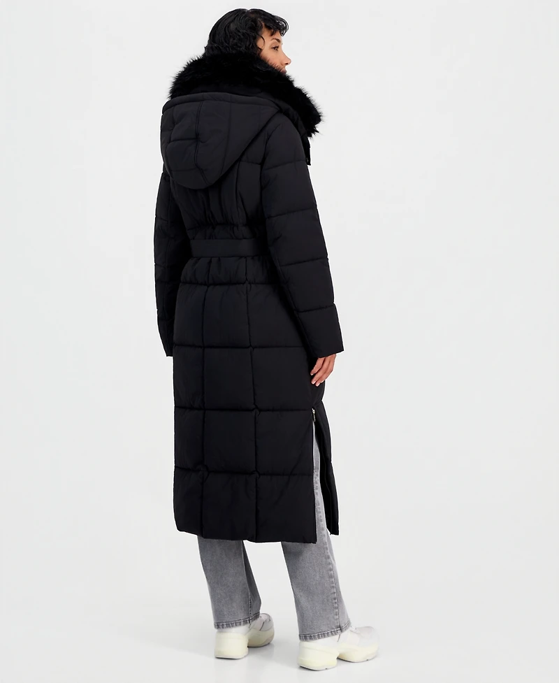 Michael Kors Women's Hooded Puffer Belted Faux-Fur-Collar Coat