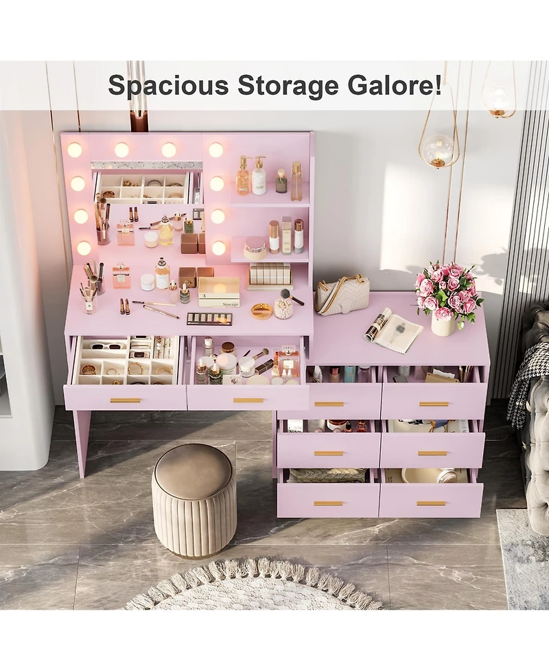 homfan 61" Make Up Vanity Desk with Mirror and Lights, Vanity with 8 Wide Storage Drawers and 2 Tier Shelves
