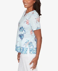 Alfred Dunner Petite Sea Turtle Border Split Neck Top