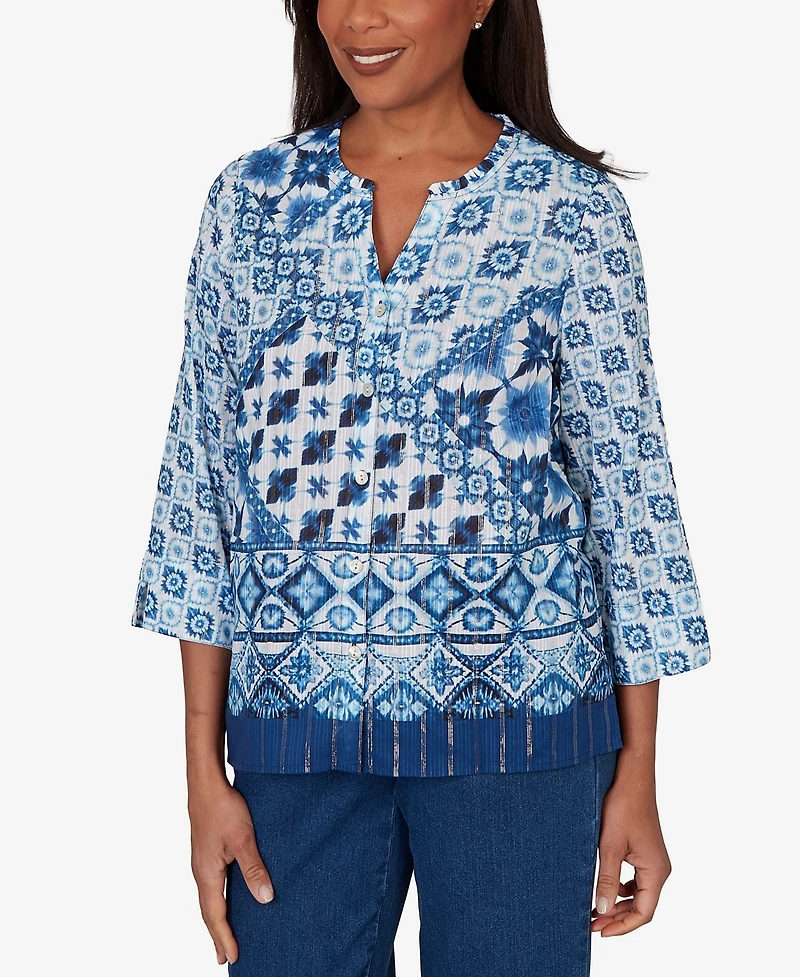 Alfred Dunner Petite Indigo Girls Ikat Tie-Dye Patchwork Henley Top